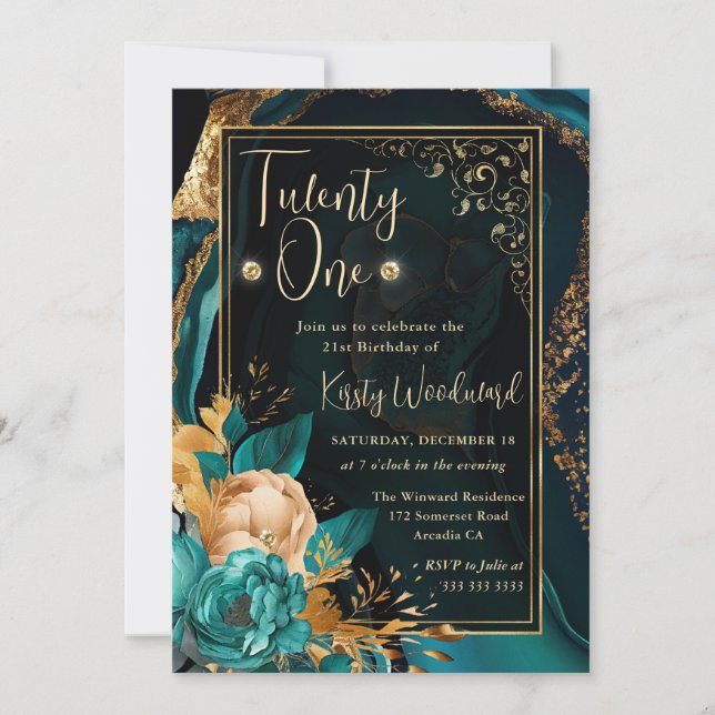 Invitation Luxe Turquoise et or Floral Agate Anniversaire (Devant)