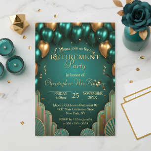 Invitation Luxe Turquoise or ballon Art Déco Retraite Party