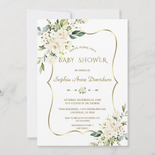 Invitation Luxe White Cream Flowers Gold Baby shower