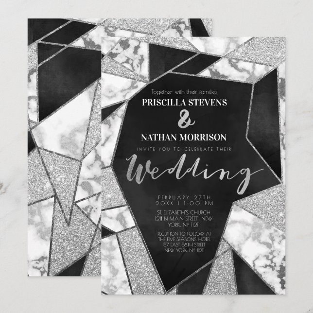 Invitation Luxueuse Parties scintillant noire en argent Maria (Devant / Derrière)