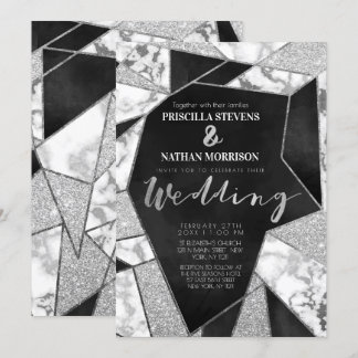 Invitation Luxueuse Parties scintillant noire en argent Maria
