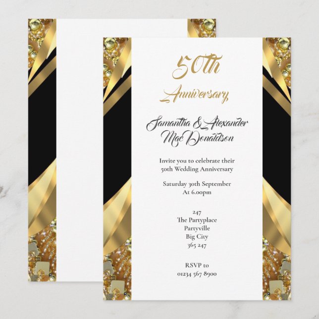 Invitation Luxueux 50e anniversaire de mariage or et noir (Devant / Derrière)