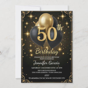 Invitation Luxueux ballon pailleté noir or pour 50e anniversa