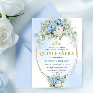 Invitation Luxueux Boho Bleu Pivoines Quinceañera Imprimable