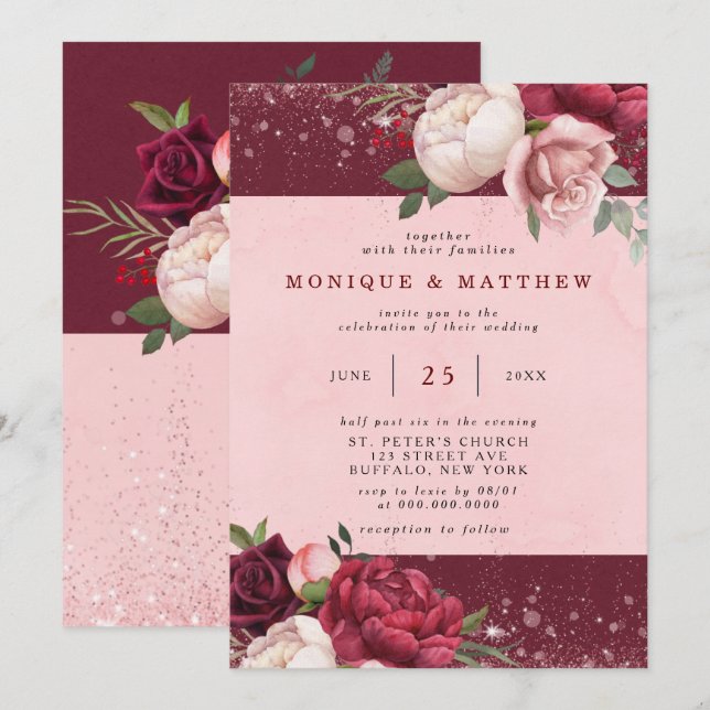 Invitation Luxueux Burgundy Blush Parties scintillant rose Ma (Devant / Derrière)