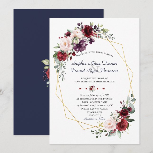 Invitation Luxueux Burgundy Plum Blush Flowers Or Mariage (Devant / Derrière)