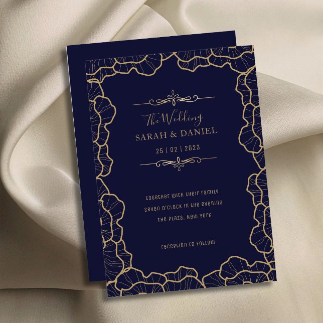 Invitation Luxueux Elegant Navy Blue Gold Flower Mariage (Luxurious Elegant Navy Blue Gold Flower Wedding Invitation)