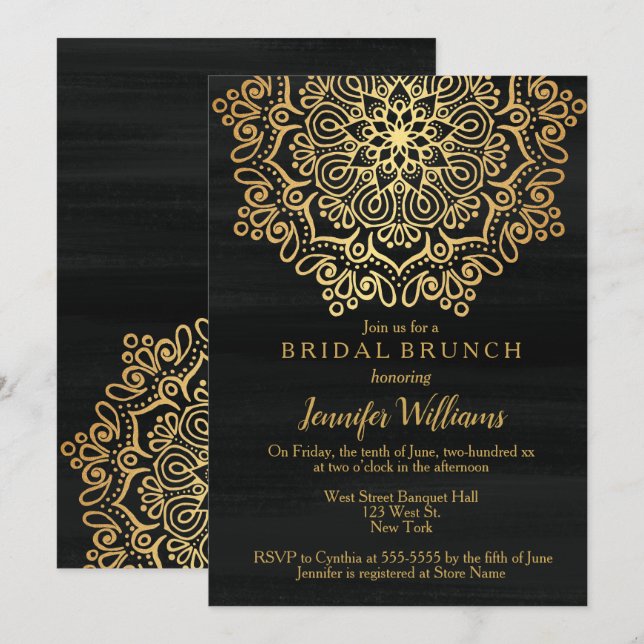 Invitation Luxueux Faux Gold Mandala Black Bridal Brunch (Devant / Derrière)