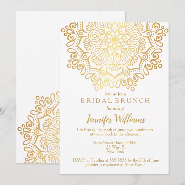 Invitation Luxueux Faux Gold Mandala White Bridal Brunch (Devant / Derrière)