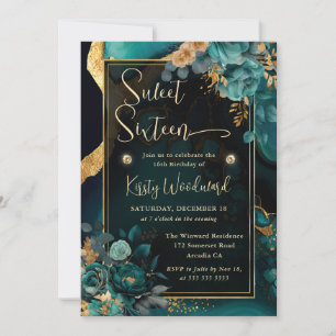 Invitation Luxueux Fleurs de Teal et Or Agate Sweet Seize