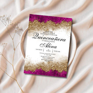 Invitation Luxueux Fuchsia Hot Pink & Gold Quinceañera