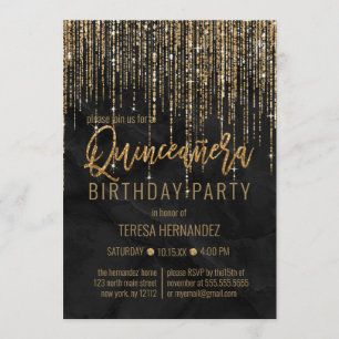 Invitation Luxueux Marbre à Paillettes Or Noir Perle Quinceañ
