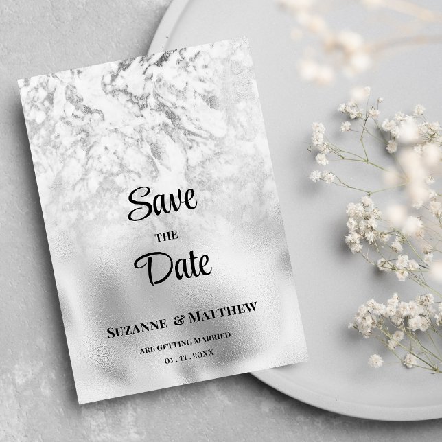 Invitation Luxueux marbre gris blanc argenté Enregistrer la d (Luxurious gray white silver marble Save the Date)