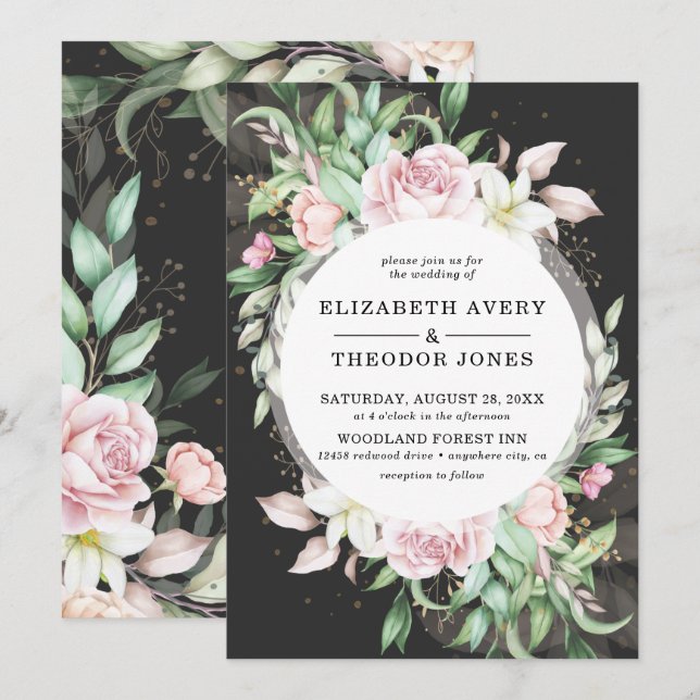 Invitation Luxueux Mariage Floral noir et rose (Devant / Derrière)