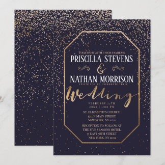 Invitation Luxueux Mariage Gold Confetti Marine Blue