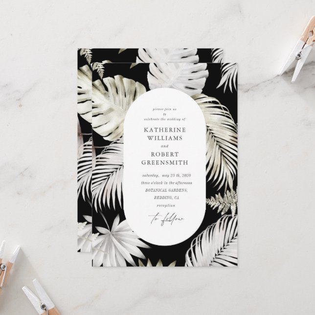 Invitation Luxueux Mariage noir de feuillage Tropical (Devant/Arrière en situation)