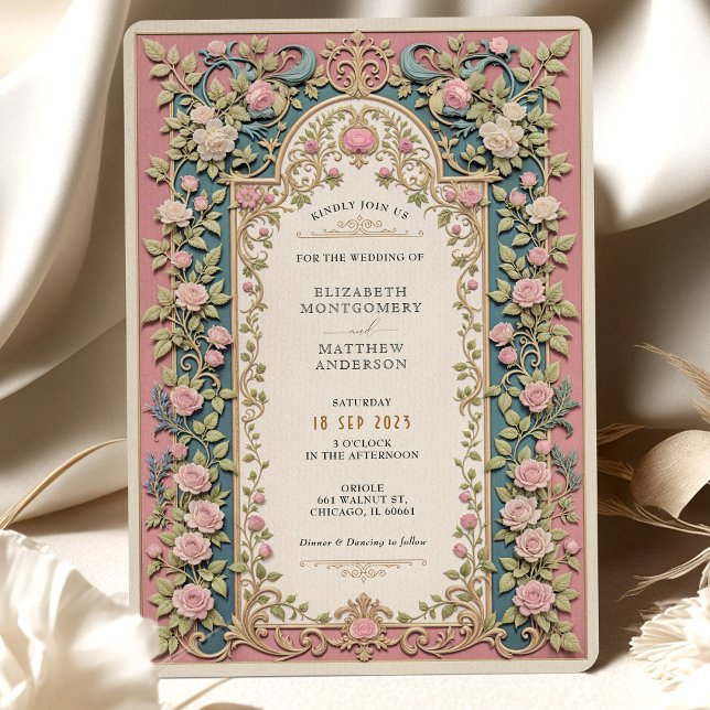 Invitation Luxueux Mariage victorien rose Roses & Or (Créateur téléchargé)