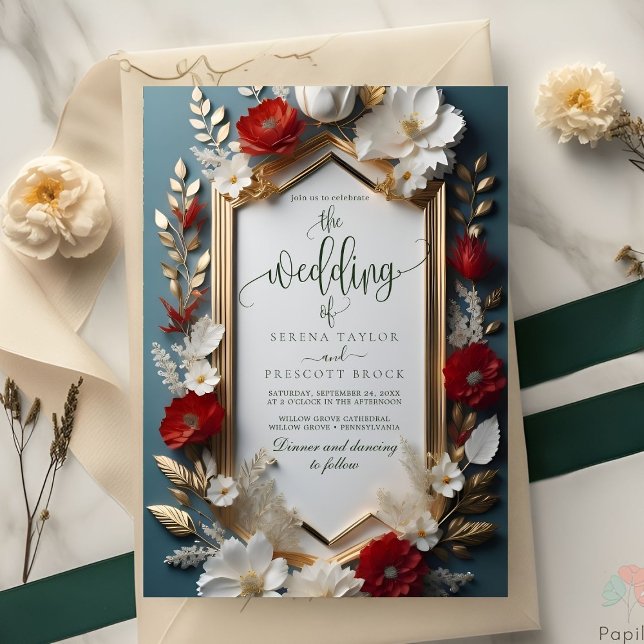 Invitation Luxueux motif floral avec Mariage Feuille d'or (Créateur téléchargé)