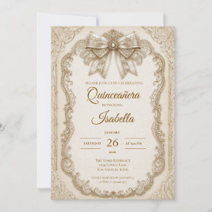 Invitation Luxueux Nœud en Dentelle d'Or et d'Ivoire pour Qui