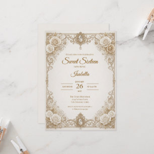 Invitation Luxueux Nœud en Dentelle d'Or Ivoire pour Sweet 16