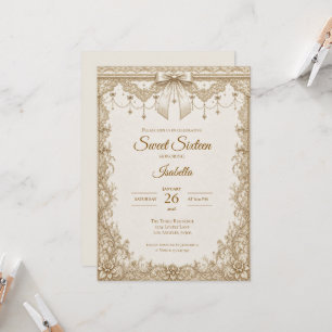 Invitation Luxueux Nœud en Dentelle d'Or Ivoire pour Sweet 16