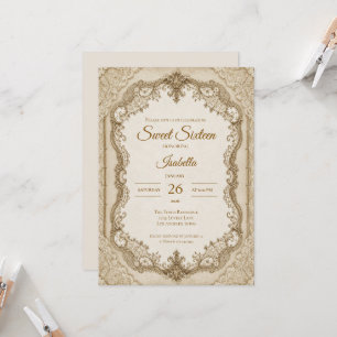 Invitation Luxueux Or Ivoire Dentelle Sweet 16