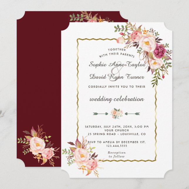 Invitation Luxueux or rose rose floral Mariage bordeaux (Devant / Derrière)