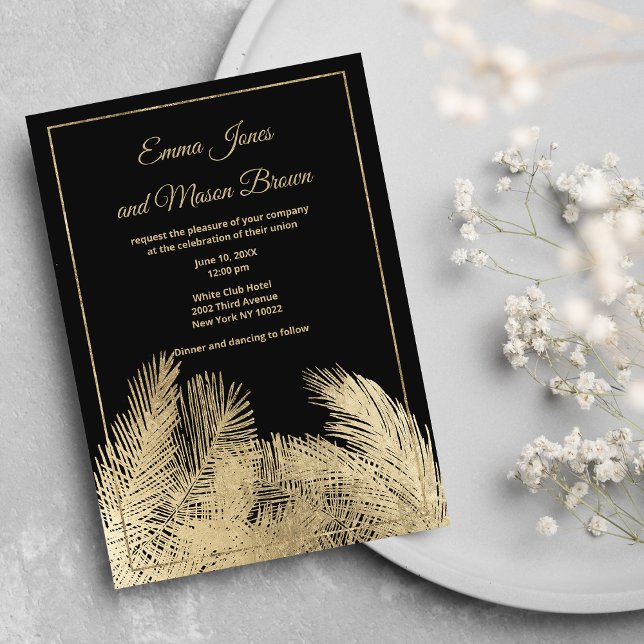 Invitation Luxueux palmier noir Mariage tropical (Luxury black gold palm tree tropical Wedding)