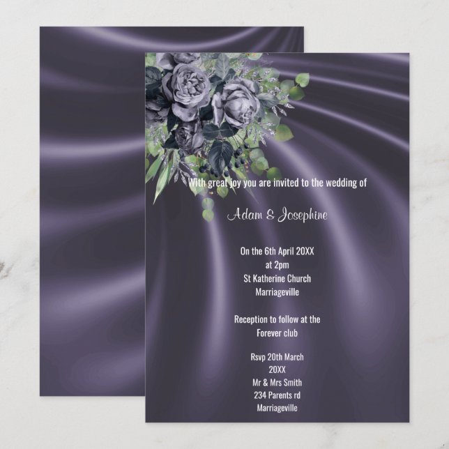 INVITATION LUXUEUX POURPLE SATIN FLORAL ÉLÉGANT MARIAGE (Devant / Derrière)