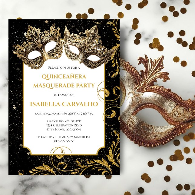 Invitation Luxueux Quinceañera Masquerade Party (Quinceanera masquerade birthday party invitation front view.)