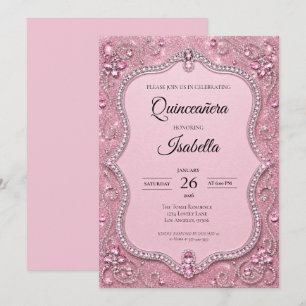 Invitation Luxueux Quinceañera Paillettes Roses Strass