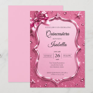 Invitation Luxueux Quinceañera Paillettes Roses Strass