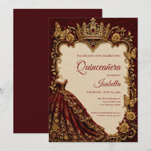 Invitation Luxueux Quinceañera Princesse Rouge & Or