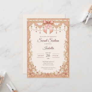Invitation Luxueux Rose Pâle Or Broderie Anglaise Nœud Douce