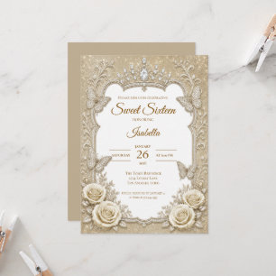 Invitation Luxueux Ruban en Dentelle d'Or Ivoire pour Sweet 1