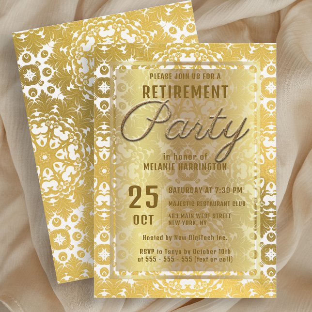 Invitation Luxueux Shiny Gold Damask Retraite Party (Créateur téléchargé)
