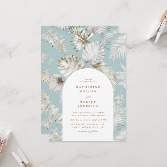Invitation Luxueux Silver Tropical Foliage Mariage (Devant/Arrière en situation)
