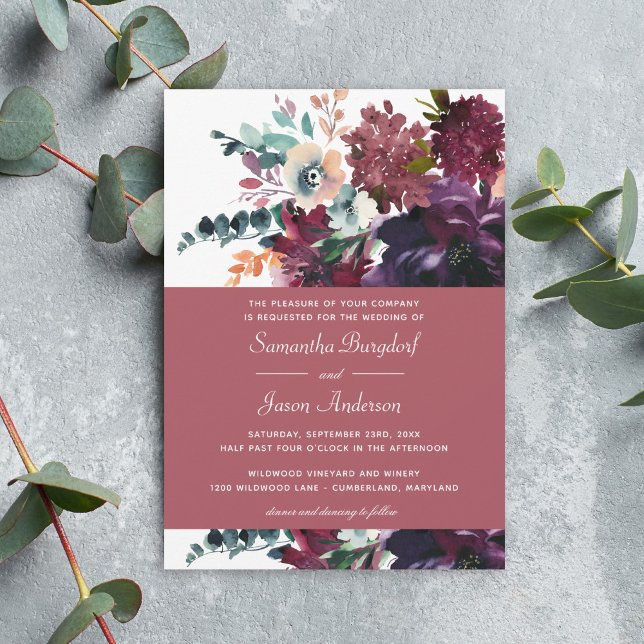 Invitation Luxueux vin Rose Aquarelle Mariage Floral (Available in both printed and instant download digital formats.)