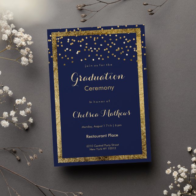 Invitation Luxuriant bleu marine or confetti Graduation (Lush elegant navy blue gold confetti Graduation Invitation )