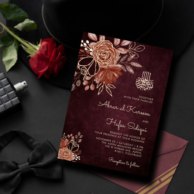Invitation Luxuriant Bourgogne Floral Gold Mariage islamique (Créateur téléchargé)