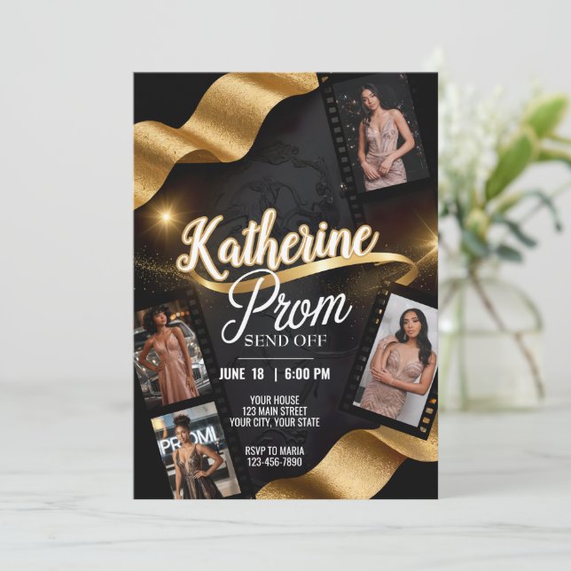 Invitation Luxuriant Prom Send Off Gold Ribbon Film Roll (Debout devant)