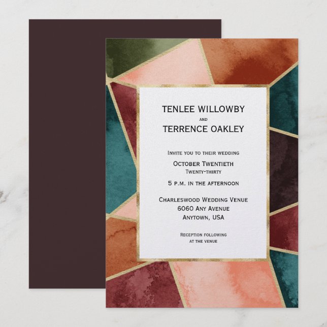 Invitation Luxurious Gold Geometric Purple Rust Teal Wedding (Devant / Derrière)