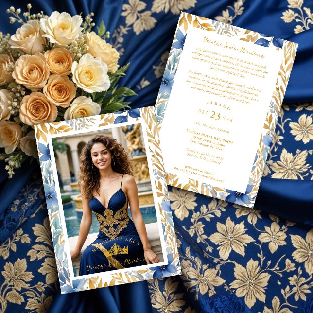 Invitation Luxurious Navy Blue & Gold Exquisite Tiara XV's (Luxurious Navy Blue & Gold Exquisite Tiara Crown Quinceañera Photo Invitations Cards with Botanical )