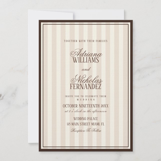 Invitation Luxury Beige Espresso Stripes Wedding (Devant)