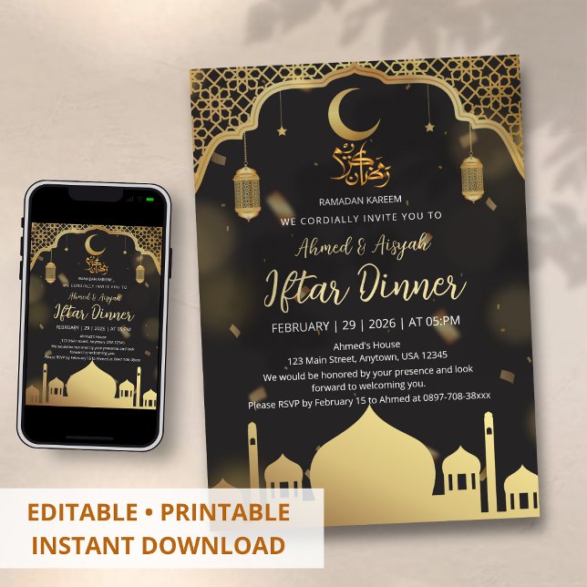 Invitation Luxury Black and Gold Mosque Iftar Dinner (Créateur téléchargé)