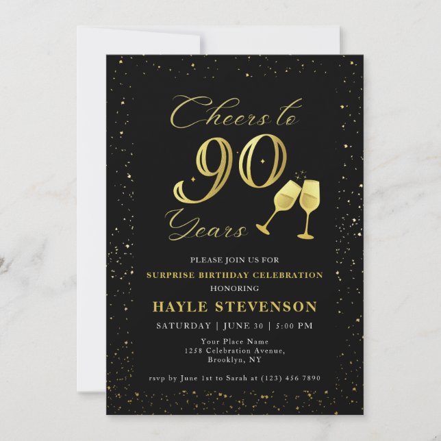 Invitation Luxury Black Gold Confetti encourage à 90e anniver (Devant)