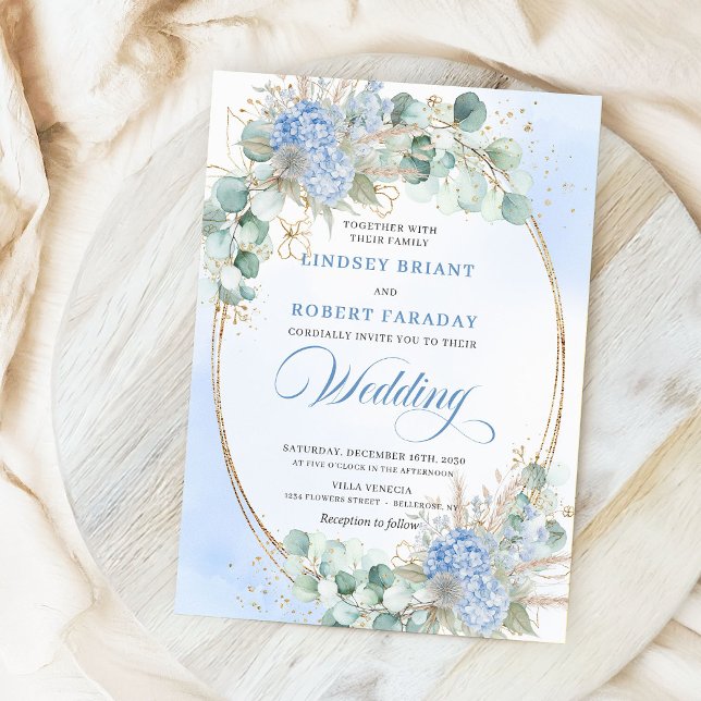 Invitation Luxury Blue Floral Wheat Gold Oval Wedding Invites (Luxury Blue Floral Wheat Gold Oval Wedding Invitation)