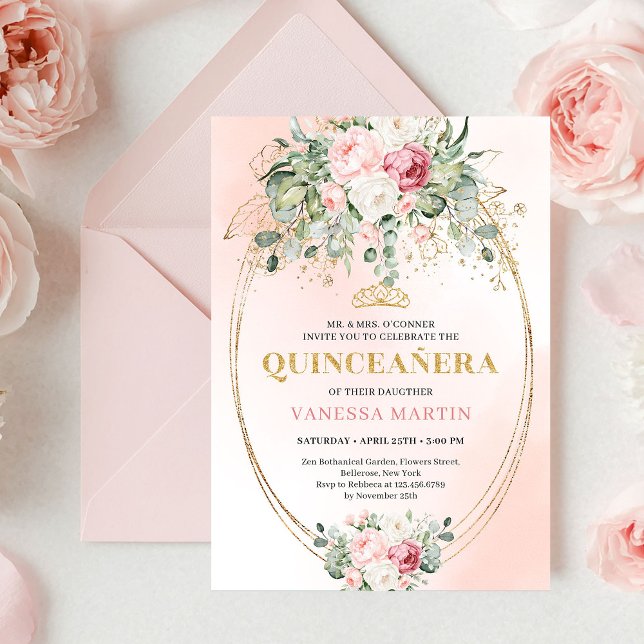 Invitation Luxury Blush Roses Greenery Gold Quinceañera Invit (Luxury Blush Roses Greenery Gold Quinceañera Invite)