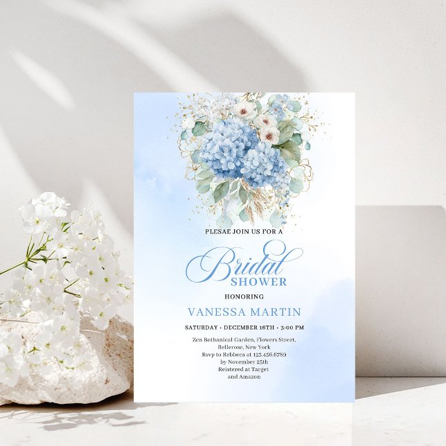 Invitation Luxury Bohemian Blue Hydrangea Bridal Shower Invit (Luxury Bohemian Blue Hydrangea Bridal Shower Invitation)