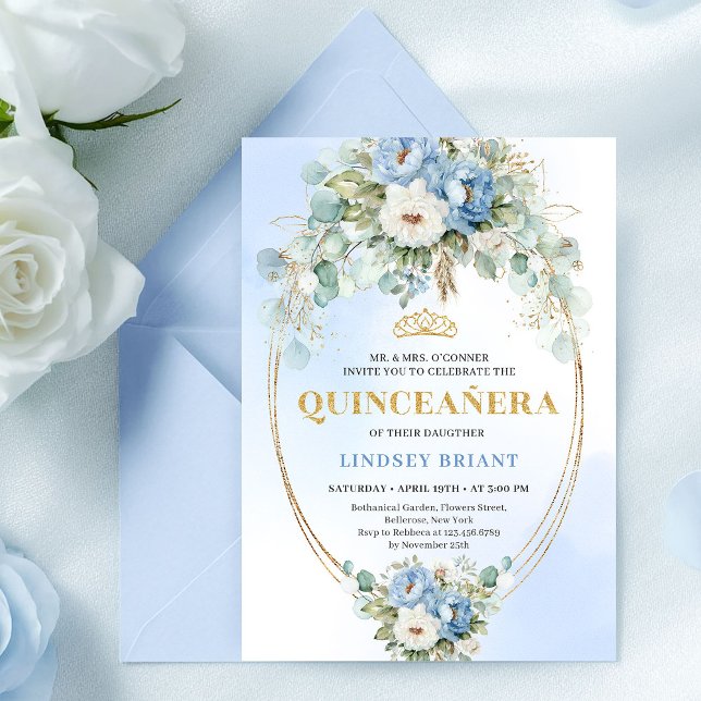 Invitation Luxury Boho Blue Floral Quinceañera 15th Birthday (Luxury Blue Floral Quinceañera 15th Birthday Invitation)